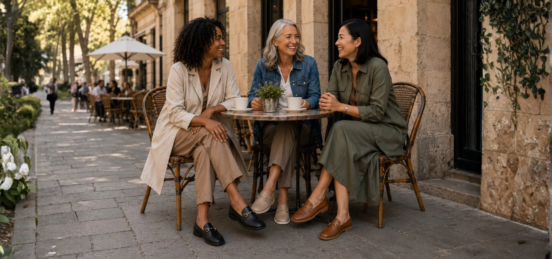 Tres amigas en una terraza mediterránea con zapatos barefoot