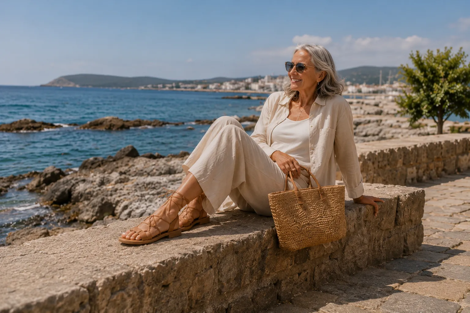 Mujer elegante junto al mar con sandalias barefoot